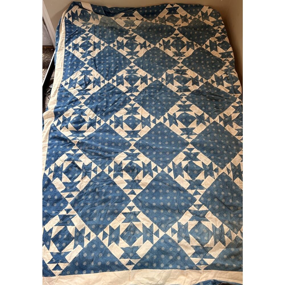 Handmade Unfinished Cotton Indigo quilt top size 72x78 Blue White AA